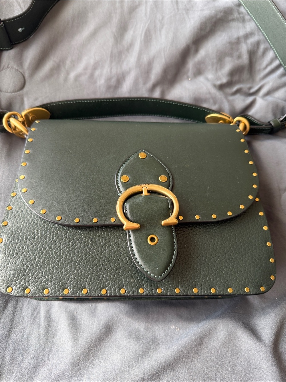 Coach Olive Green Leather Shoulder Bag with Gold Hardware